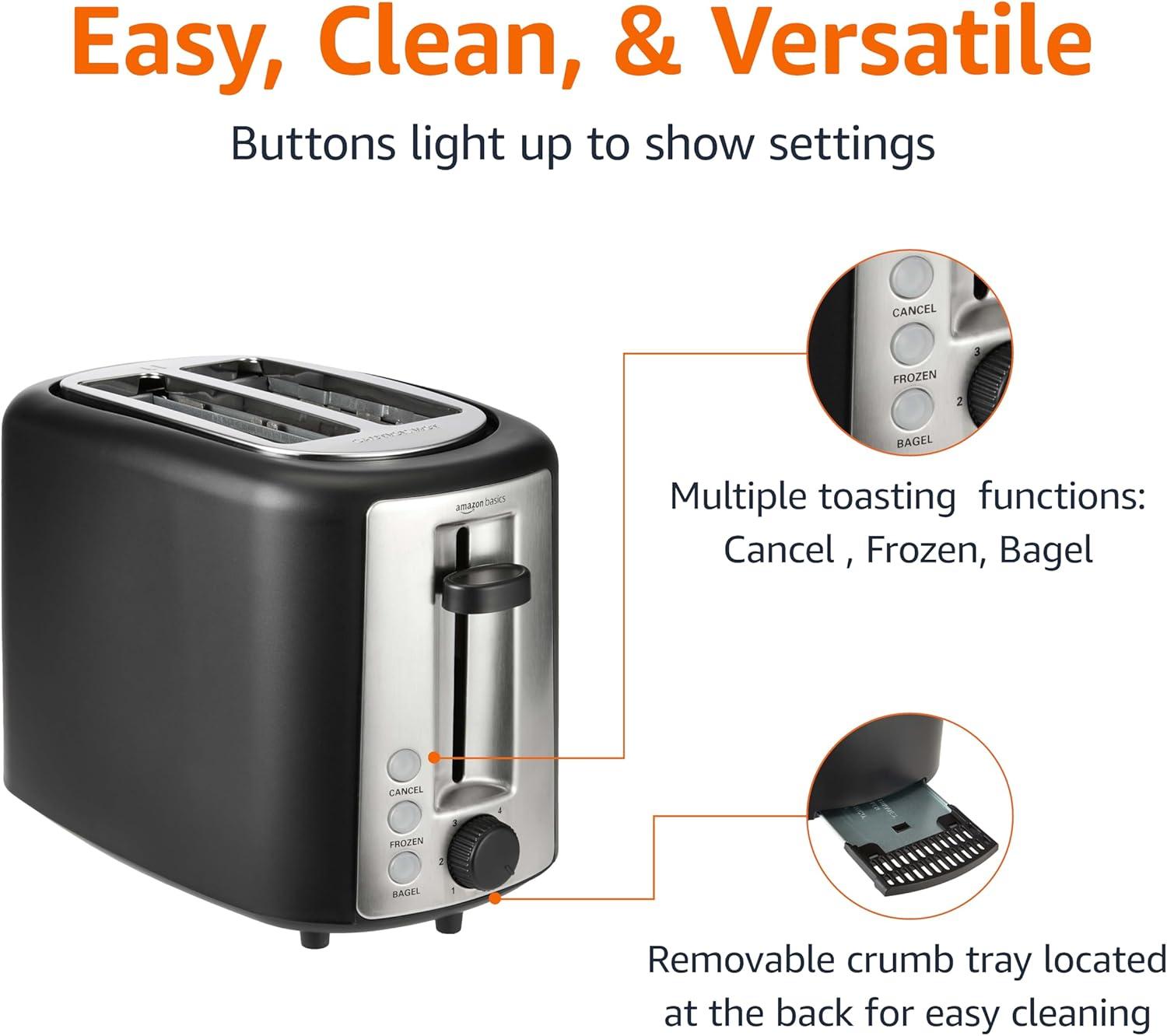Amazon Basics 2 Slice Toaster: Precise Browning, Bagel Slots